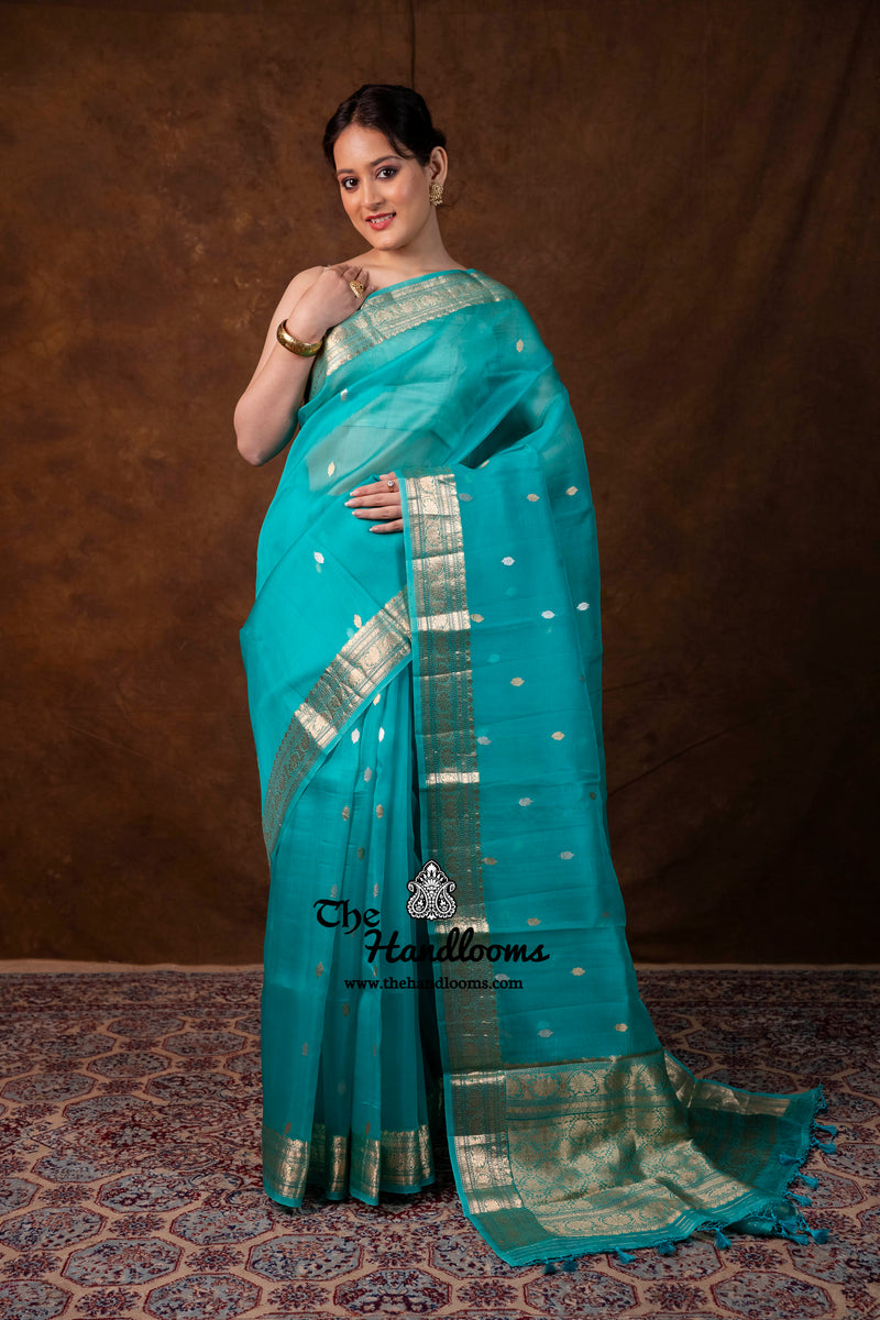 Teal Green Pure Kora Silk Handloom Banarasi Saree