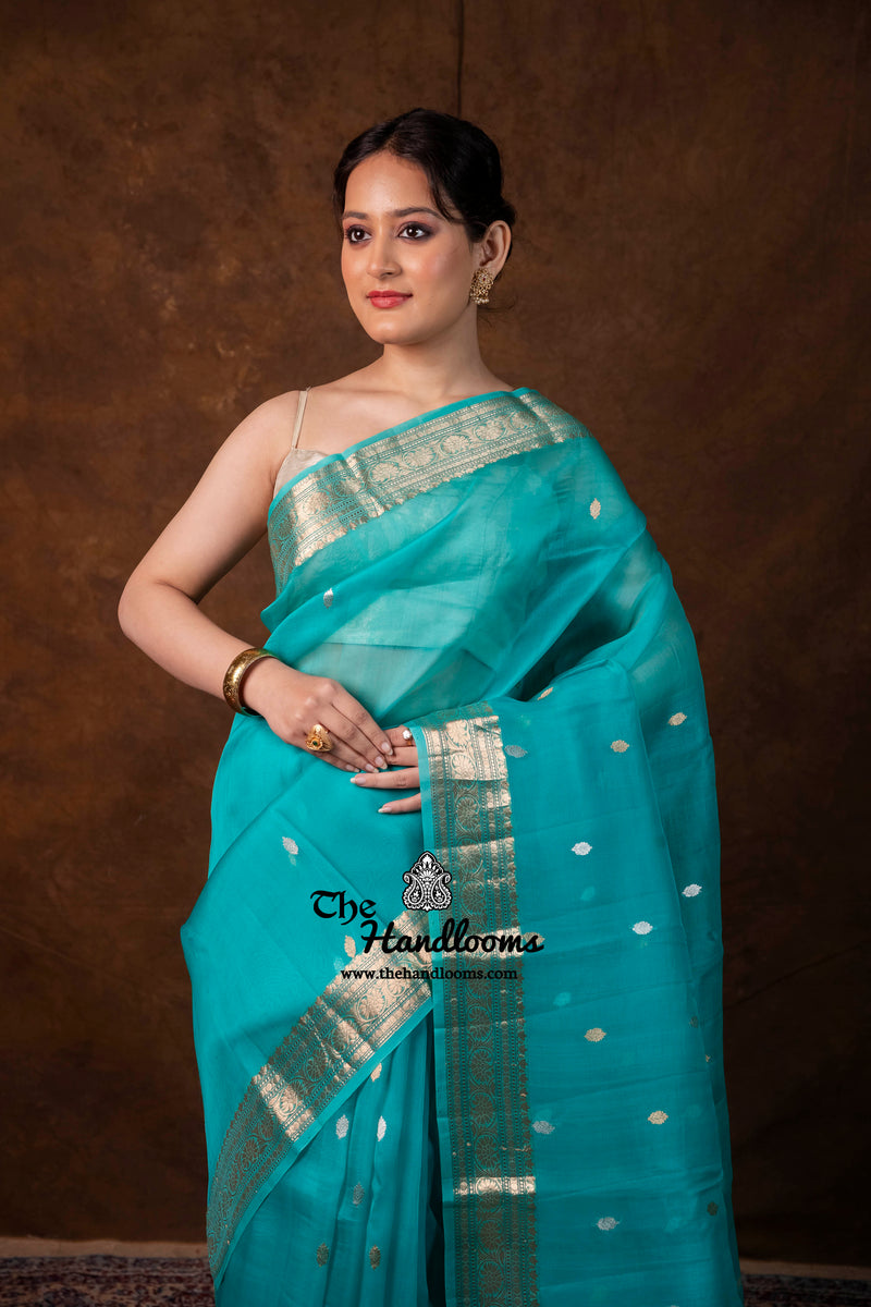 Teal Green Pure Kora Silk Handloom Banarasi Saree