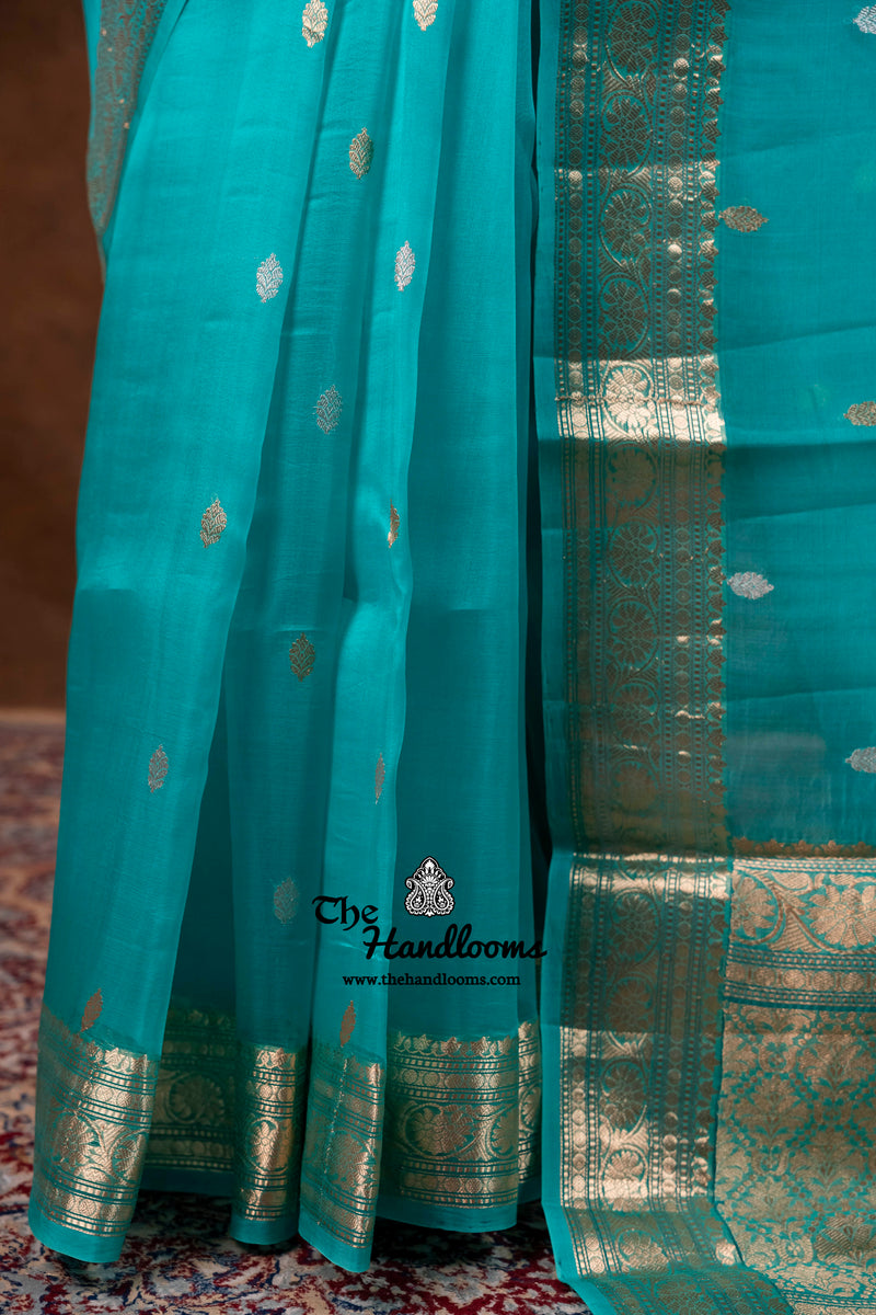 Teal Green Pure Kora Silk Handloom Banarasi Saree