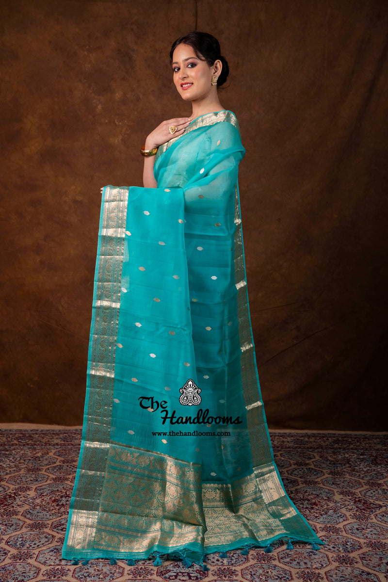 Teal Green Pure Kora Silk Handloom Banarasi Saree