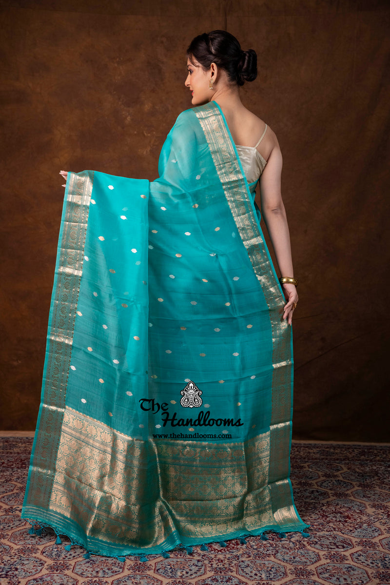 Teal Green Pure Kora Silk Handloom Banarasi Saree