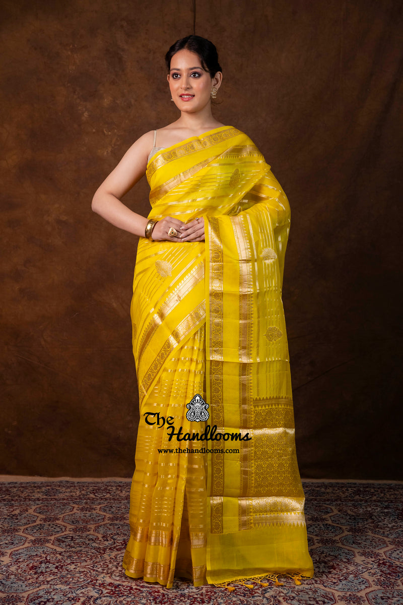 Yellow Pure Kora Silk Handloom Banarasi Saree