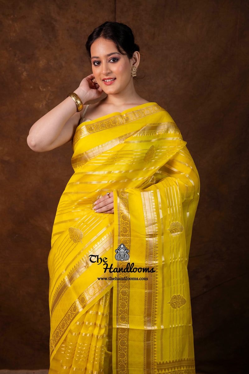 Yellow Pure Kora Silk Handloom Banarasi Saree