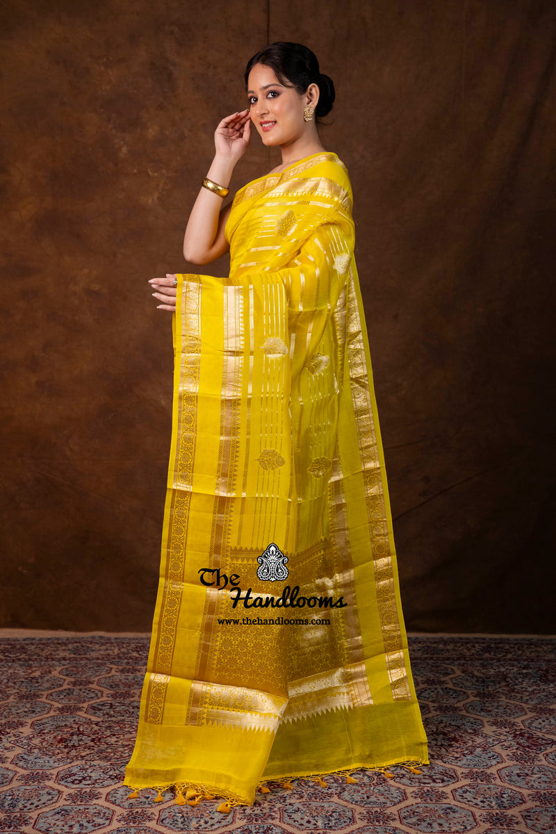 Yellow Pure Kora Silk Handloom Banarasi Saree