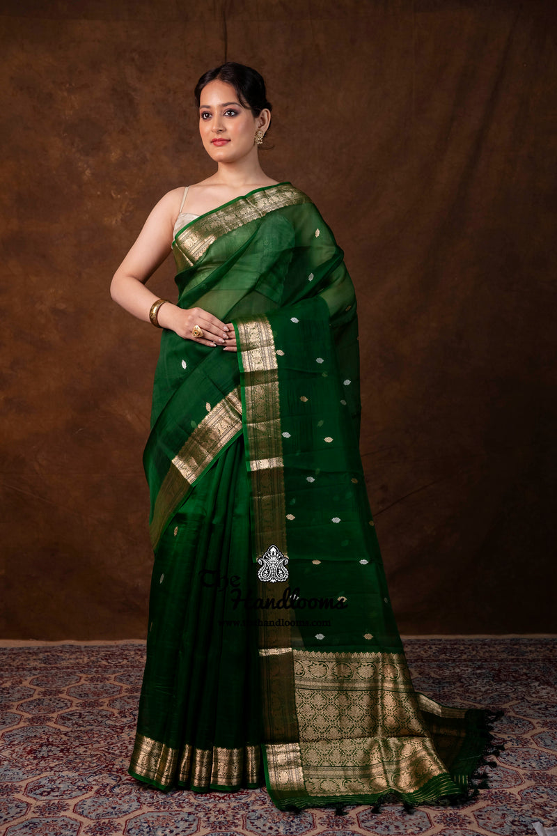Bottle Green Pure Kora Silk Handloom Banarasi Saree