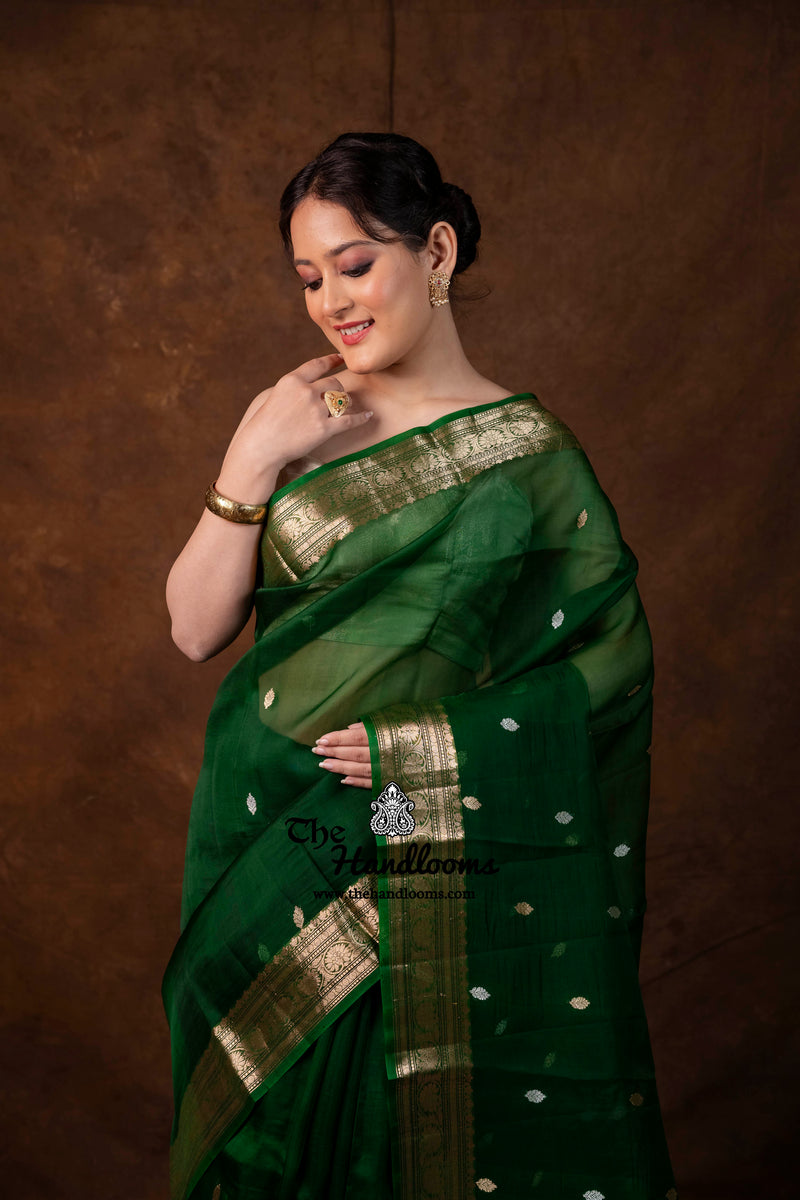 Bottle Green Pure Kora Silk Handloom Banarasi Saree