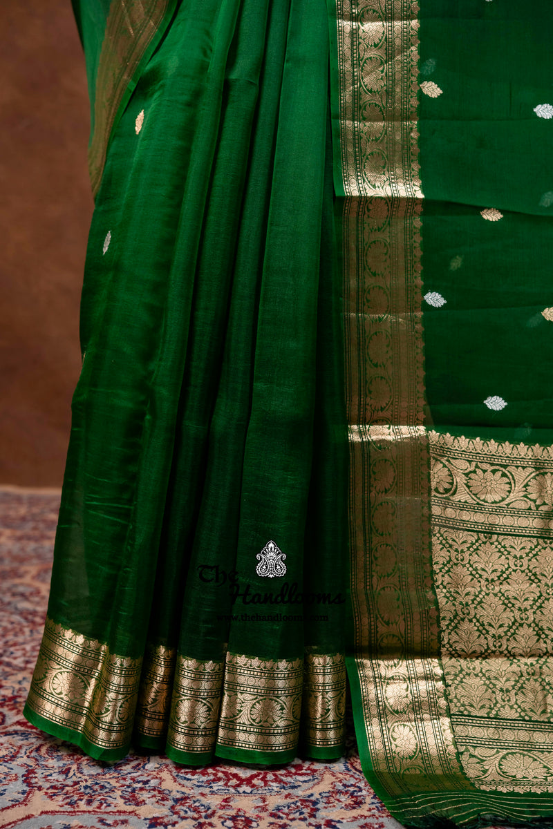Bottle Green Pure Kora Silk Handloom Banarasi Saree