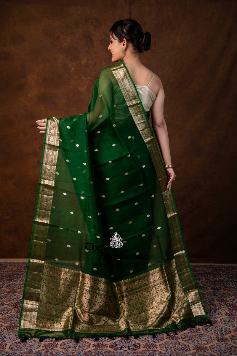 Bottle Green Pure Kora Silk Handloom Banarasi Saree