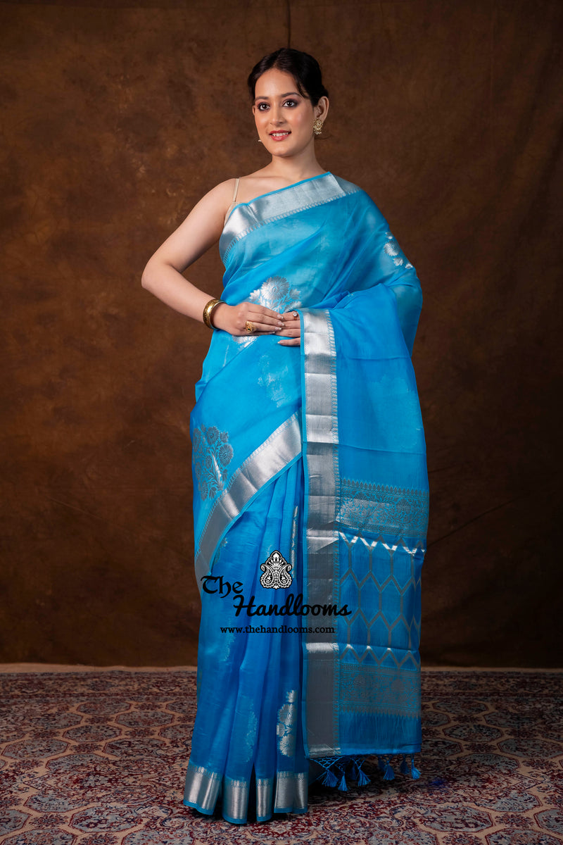Sky Blue Pure Kora Silk Handloom Banarasi Saree