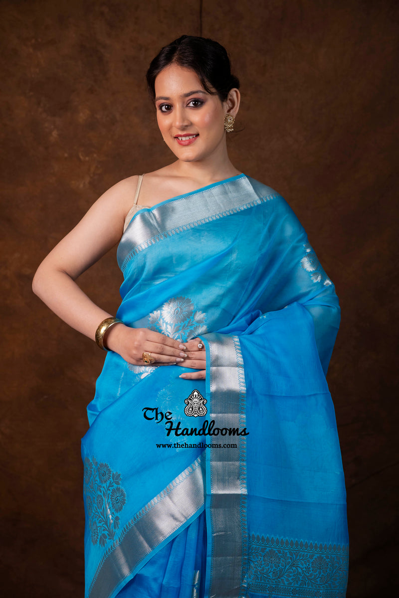 Sky Blue Pure Kora Silk Handloom Banarasi Saree
