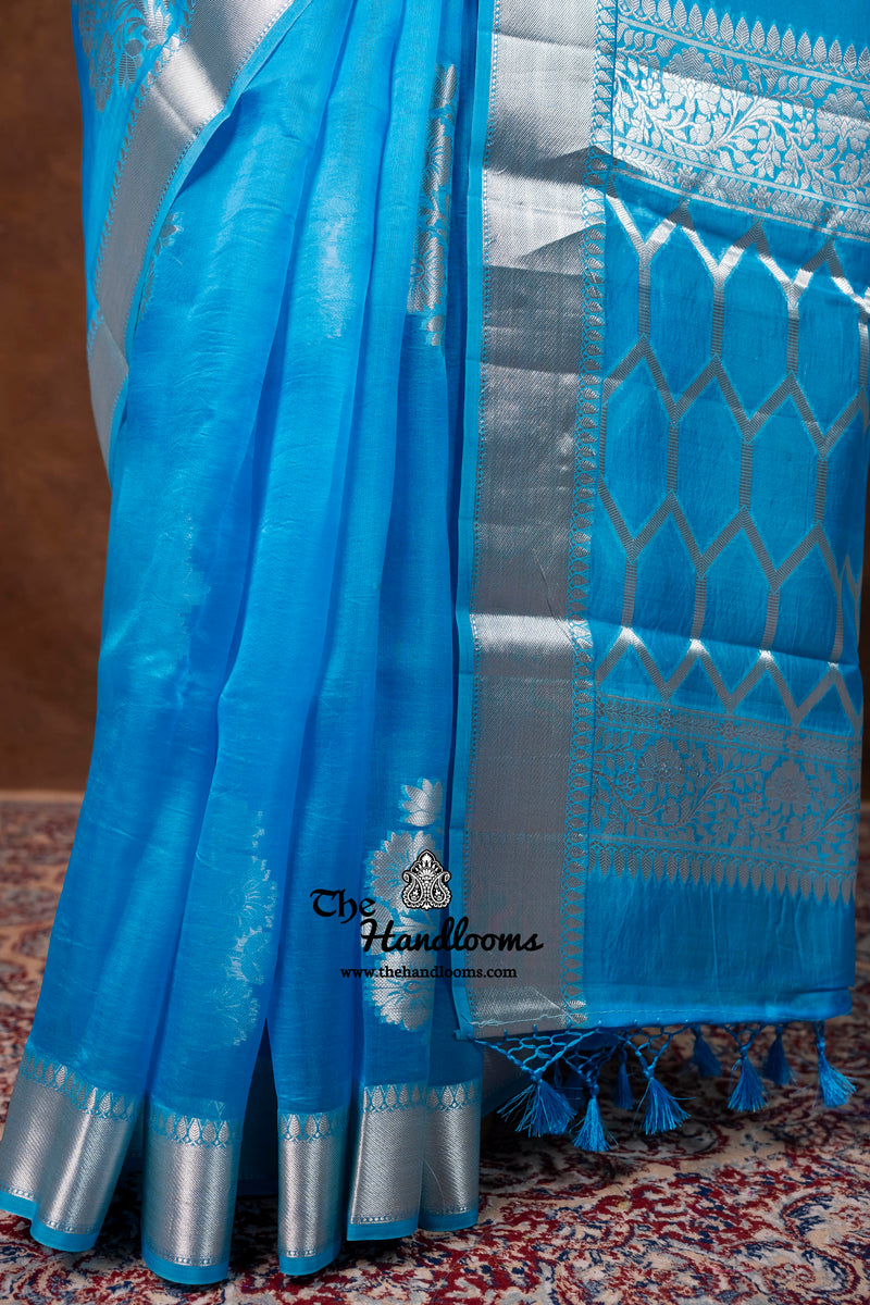 Sky Blue Pure Kora Silk Handloom Banarasi Saree