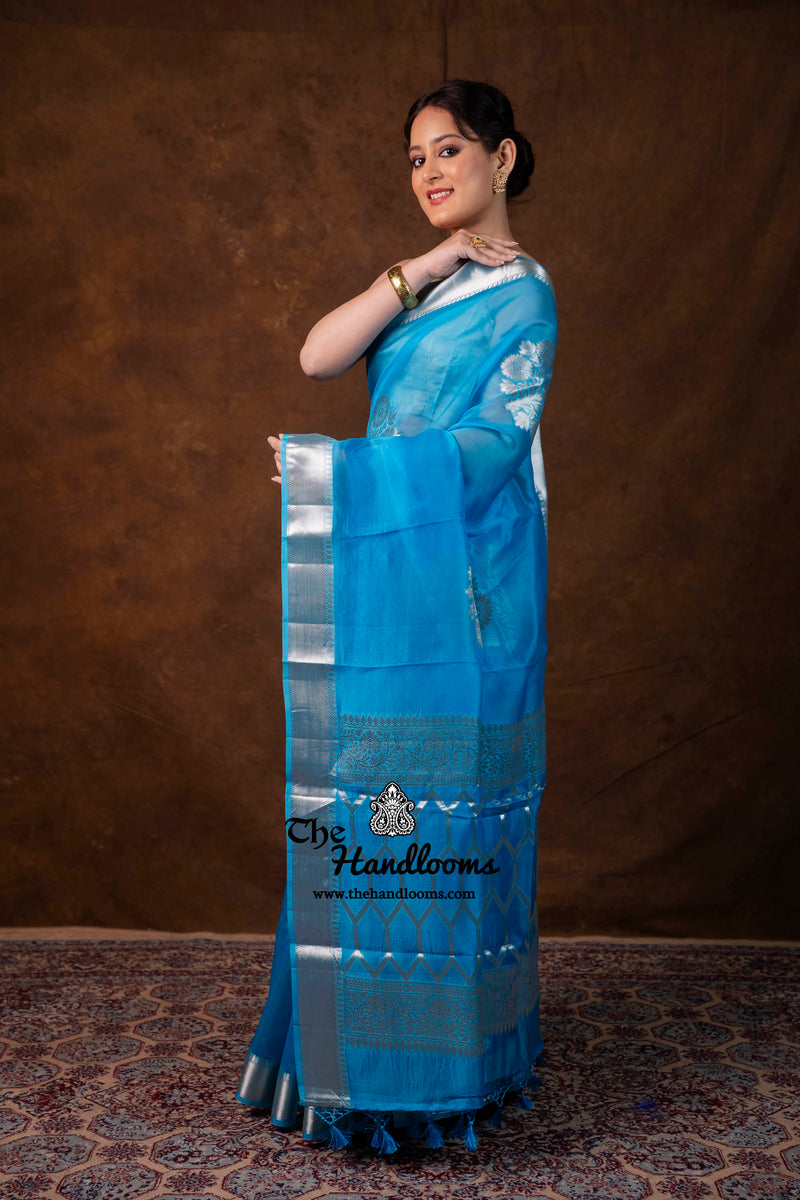 Sky Blue Pure Kora Silk Handloom Banarasi Saree