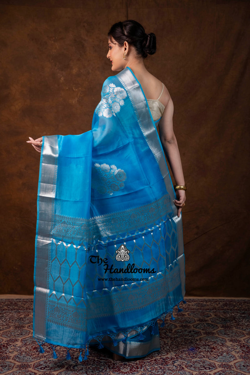 Sky Blue Pure Kora Silk Handloom Banarasi Saree