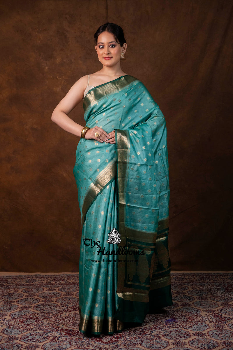 Mint Green Pure Tussar Silk Handloom Banarasi Saree