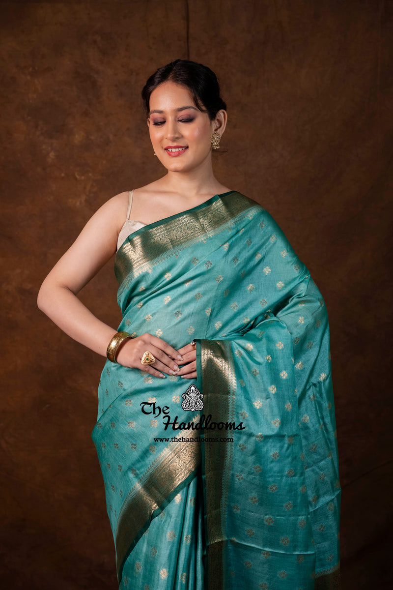 Mint Green Pure Tussar Silk Handloom Banarasi Saree