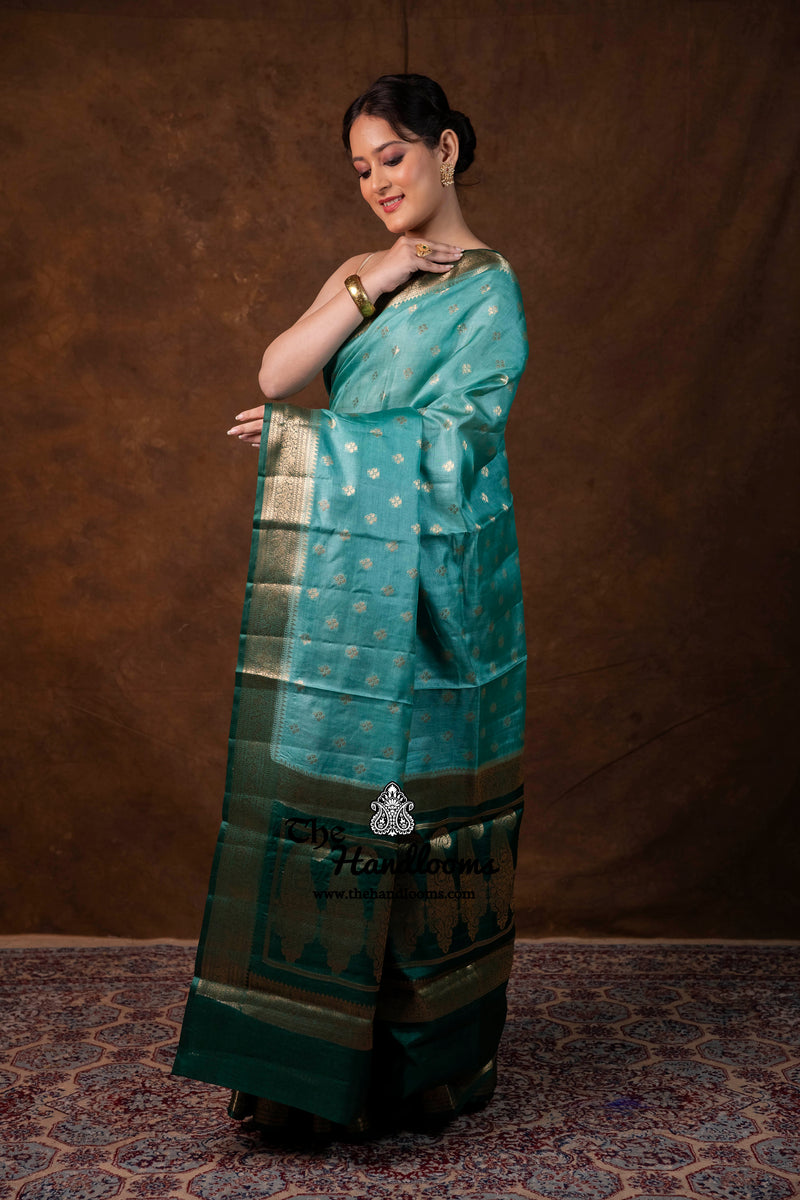 Mint Green Pure Tussar Silk Handloom Banarasi Saree