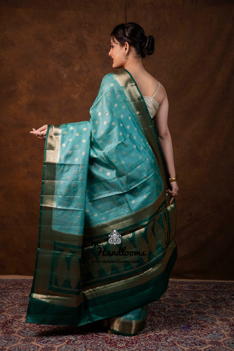 Mint Green Pure Tussar Silk Handloom Banarasi Saree