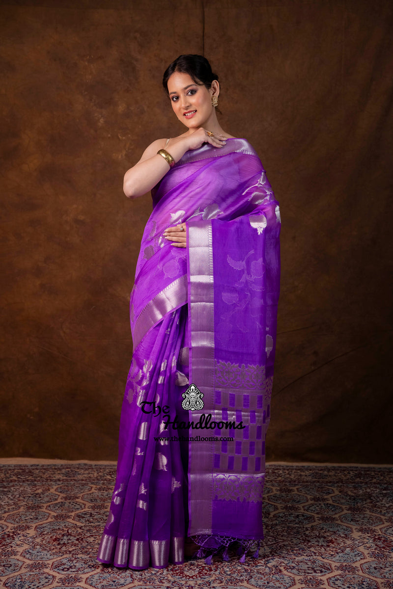 Lavender Pure Kora Silk Handloom Banarasi Saree