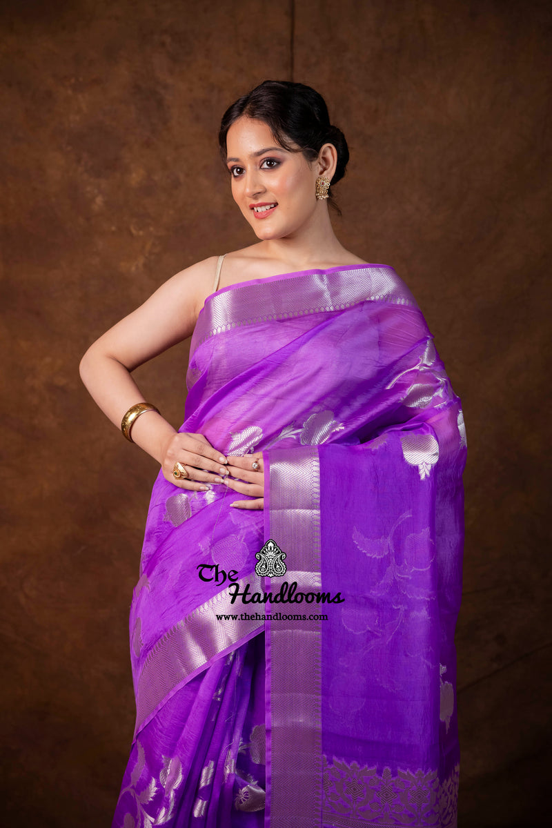 Lavender Pure Kora Silk Handloom Banarasi Saree