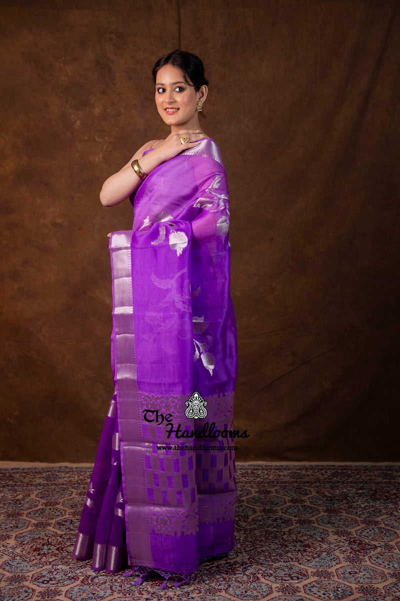 Lavender Pure Kora Silk Handloom Banarasi Saree