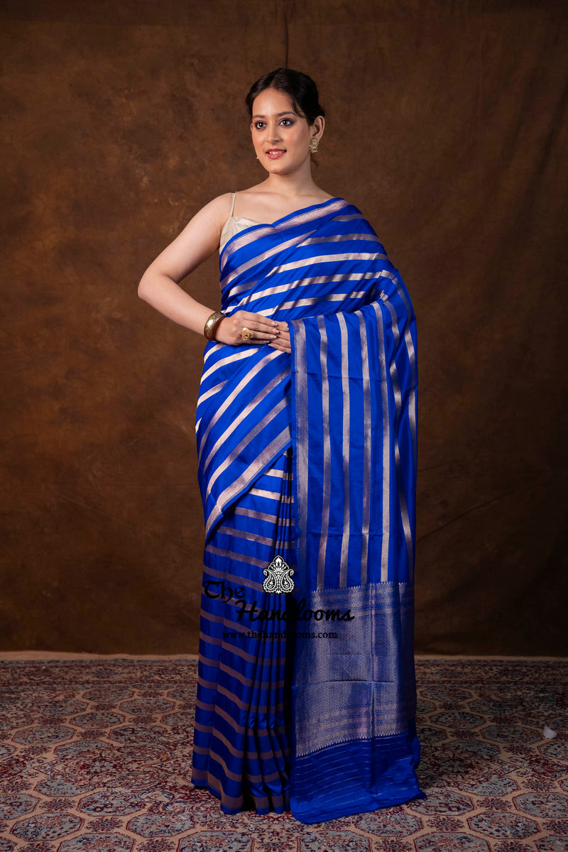 Royal Blue Pure Katan Silk Banarasi Handloom Saree - All Over Stripe