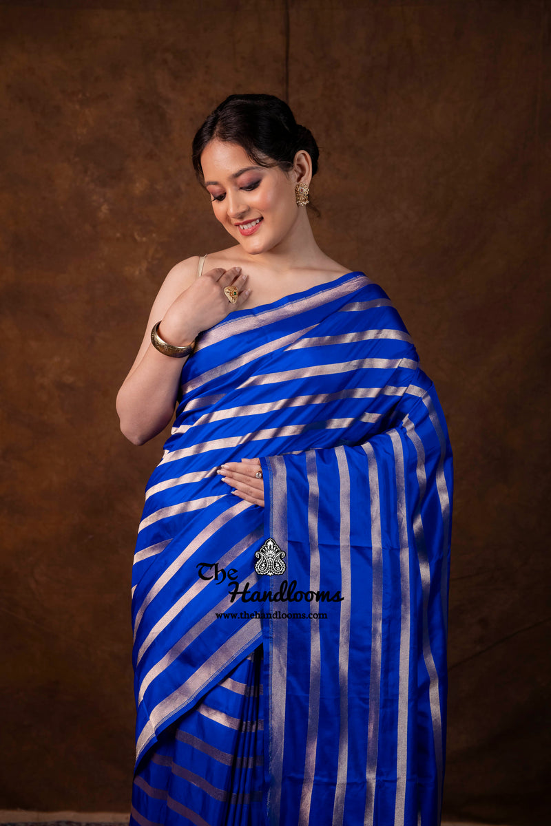 Royal Blue Pure Katan Silk Banarasi Handloom Saree - All Over Stripe