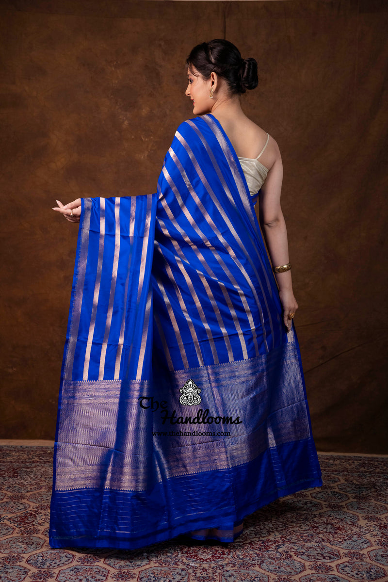 Royal Blue Pure Katan Silk Banarasi Handloom Saree - All Over Stripe