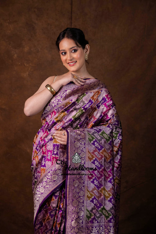 Multicolor Pure Katan Silk Banarasi Handloom Saree - All over Jaal Work With Rangkart - The Handlooms