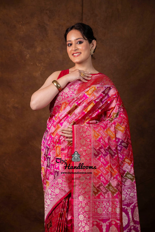 Multicolor Pure Katan Silk Banarasi Handloom Saree - All over Jaal Work With Rangkart - The Handlooms