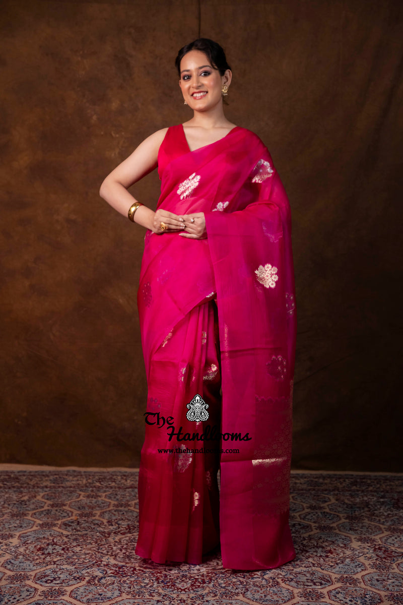 Hot Pink Pure Kora Silk Handloom Banarasi Saree