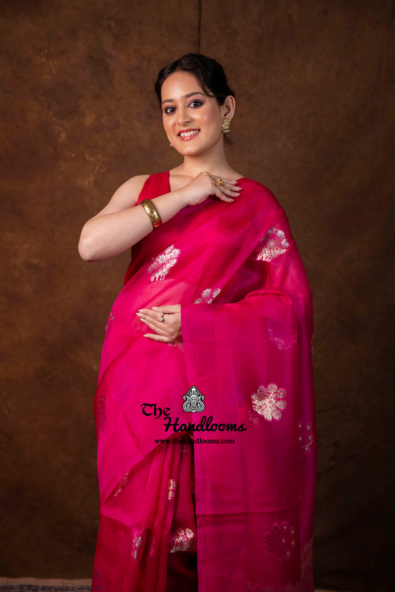 Hot Pink Pure Kora Silk Handloom Banarasi Saree