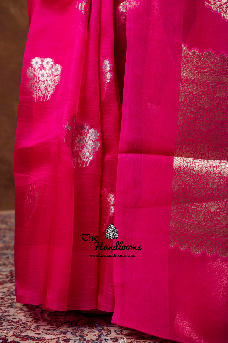 Hot Pink Pure Kora Silk Handloom Banarasi Saree