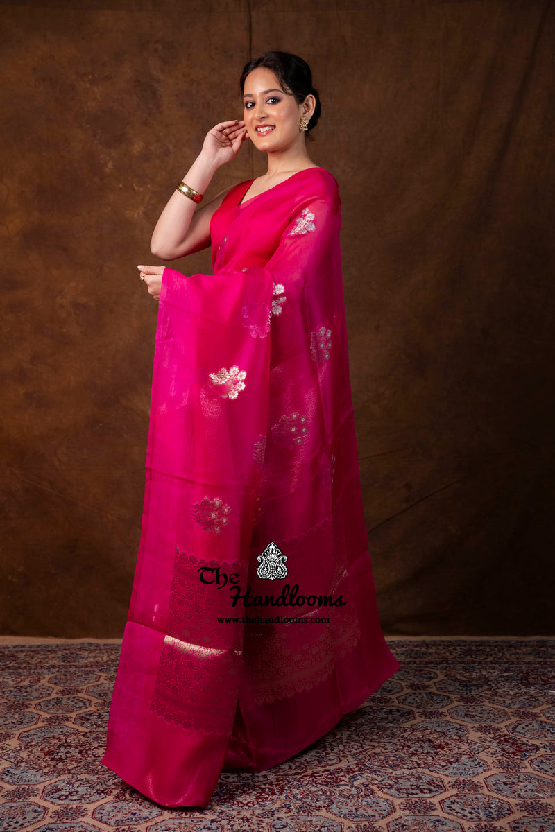 Hot Pink Pure Kora Silk Handloom Banarasi Saree
