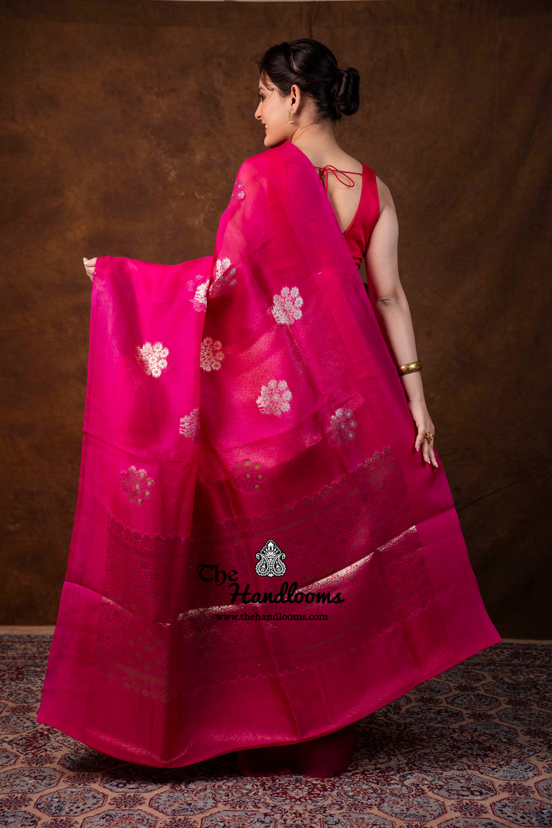 Hot Pink Pure Kora Silk Handloom Banarasi Saree