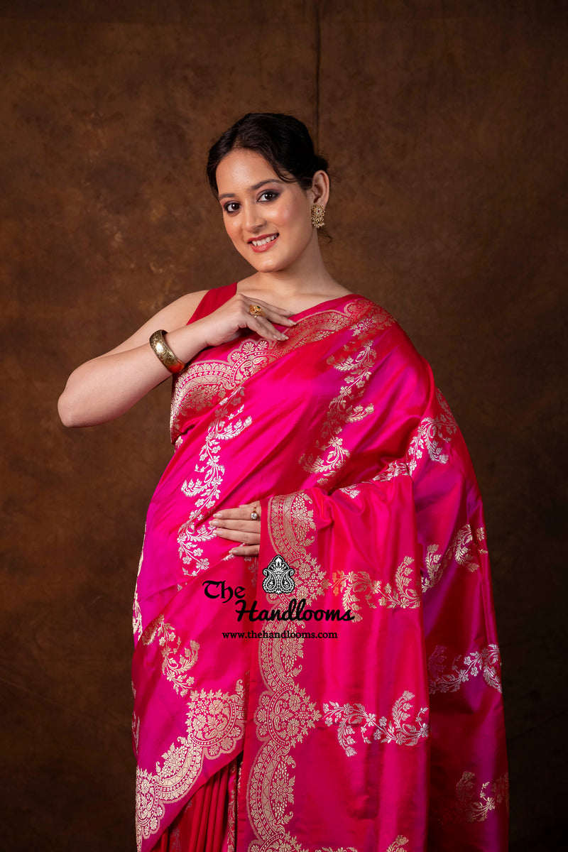 Hot Pink Pure Katan Silk Banarasi Handloom Saree - All Over Soona Roopa Kadua Stripe
