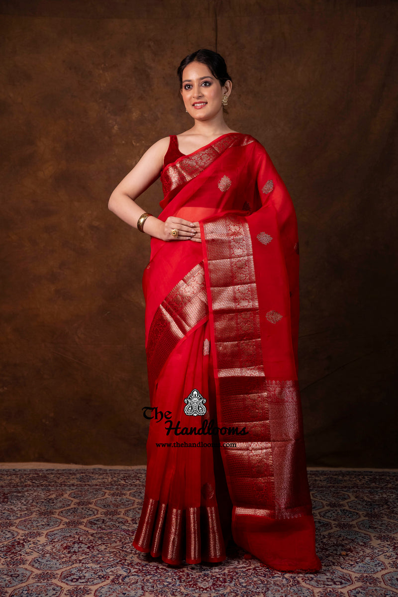 Red Pure Kora Silk Handloom Banarasi Saree