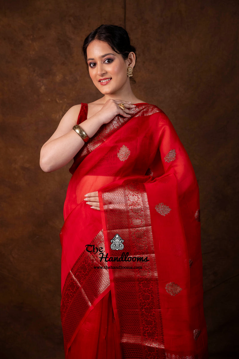 Red Pure Kora Silk Handloom Banarasi Saree