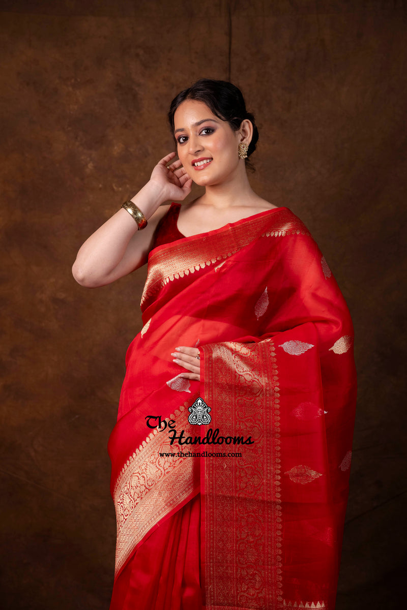 Red Pure Kora Handloom Banarasi Saree - Sona Roopa Alfi Kadua Boota