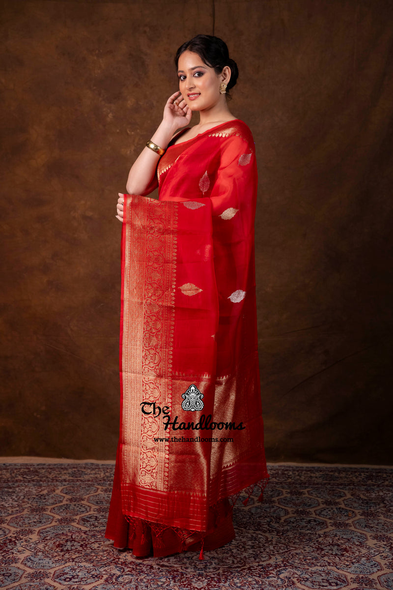 Red Pure Kora Handloom Banarasi Saree - Sona Roopa Alfi Kadua Boota