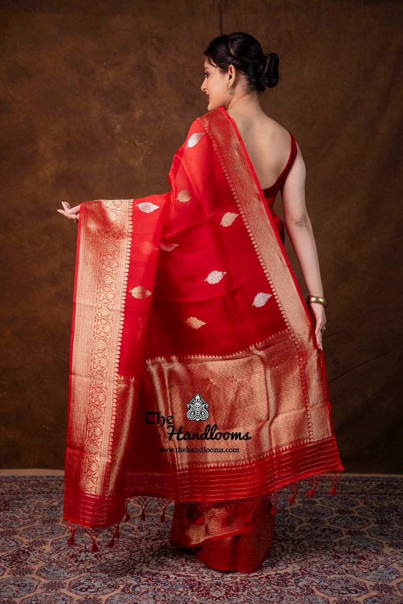 Red Pure Kora Handloom Banarasi Saree - Sona Roopa Alfi Kadua Boota