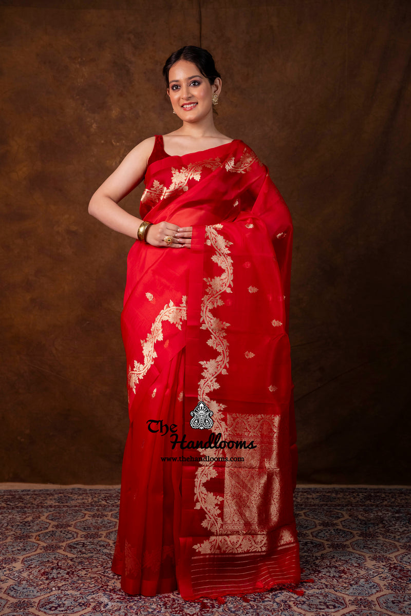 Red Pure Kora Silk Handloom Banarasi Saree