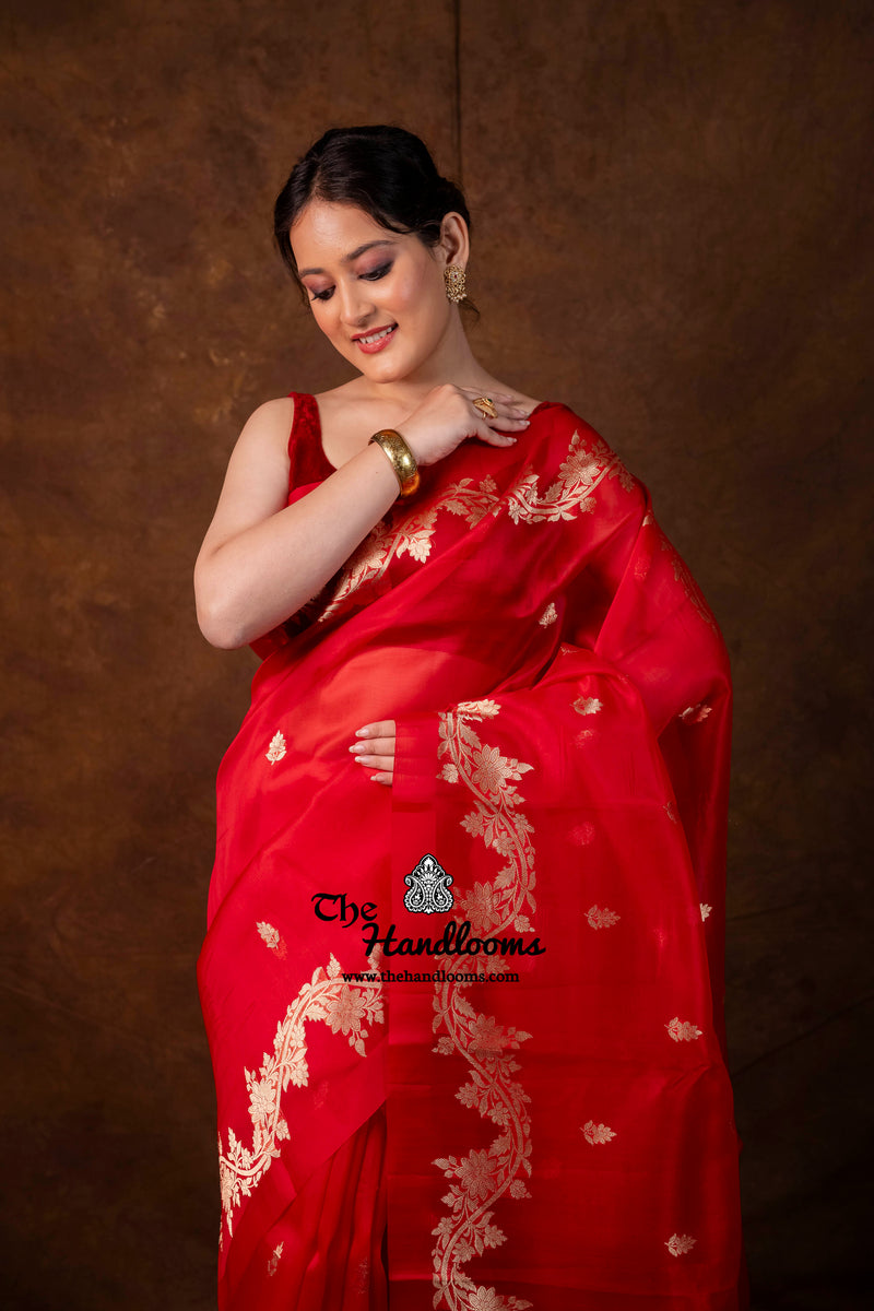 Red Pure Kora Silk Handloom Banarasi Saree