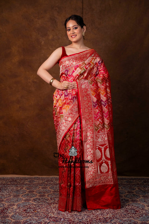Multicolor Pure Katan Silk Banarasi Handloom Saree - All over Jaal Work With Rangkart - The Handlooms