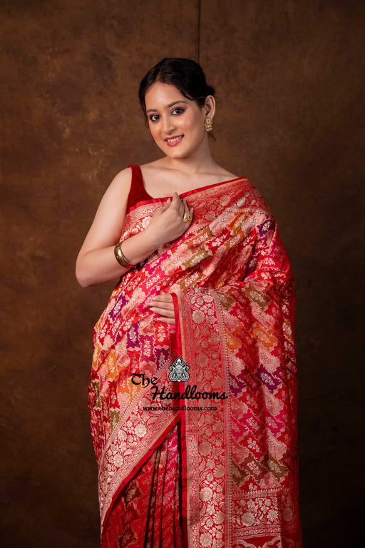 Multicolor Pure Katan Silk Banarasi Handloom Saree - All over Jaal Work With Rangkart - The Handlooms