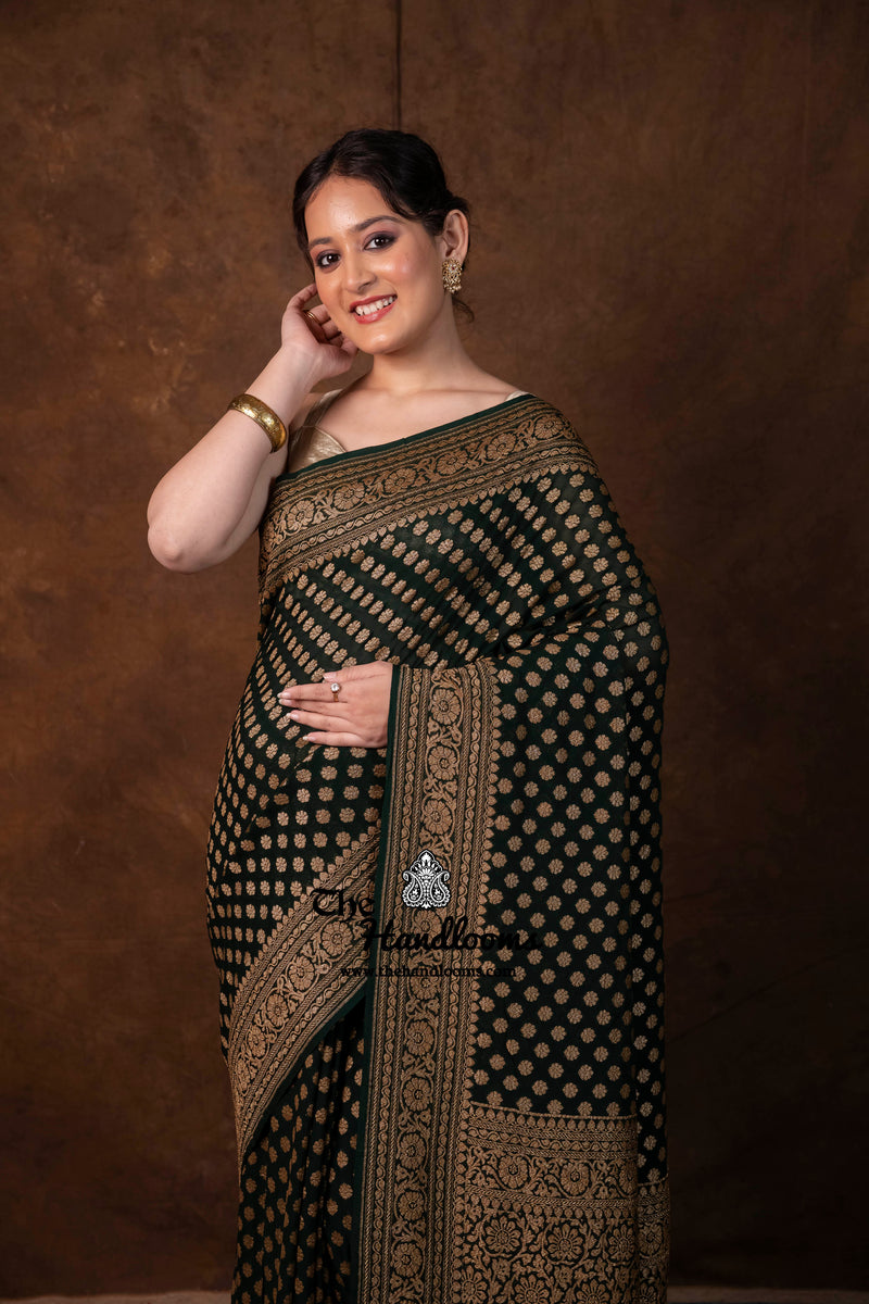 Pure Khaddi Georgette Handloom Banarasi Saree - Antique Zari