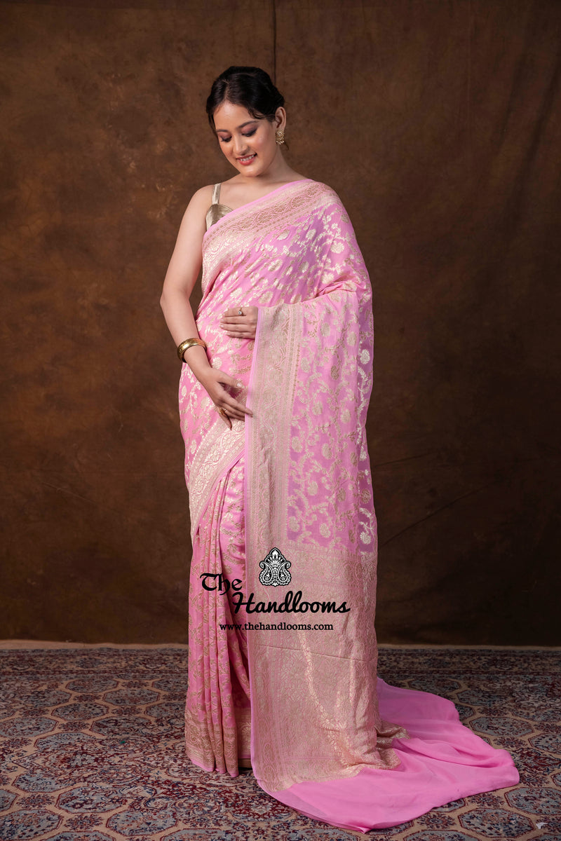 Pink Khaddi Georgette Handloom Banarasi Saree - Water Zari