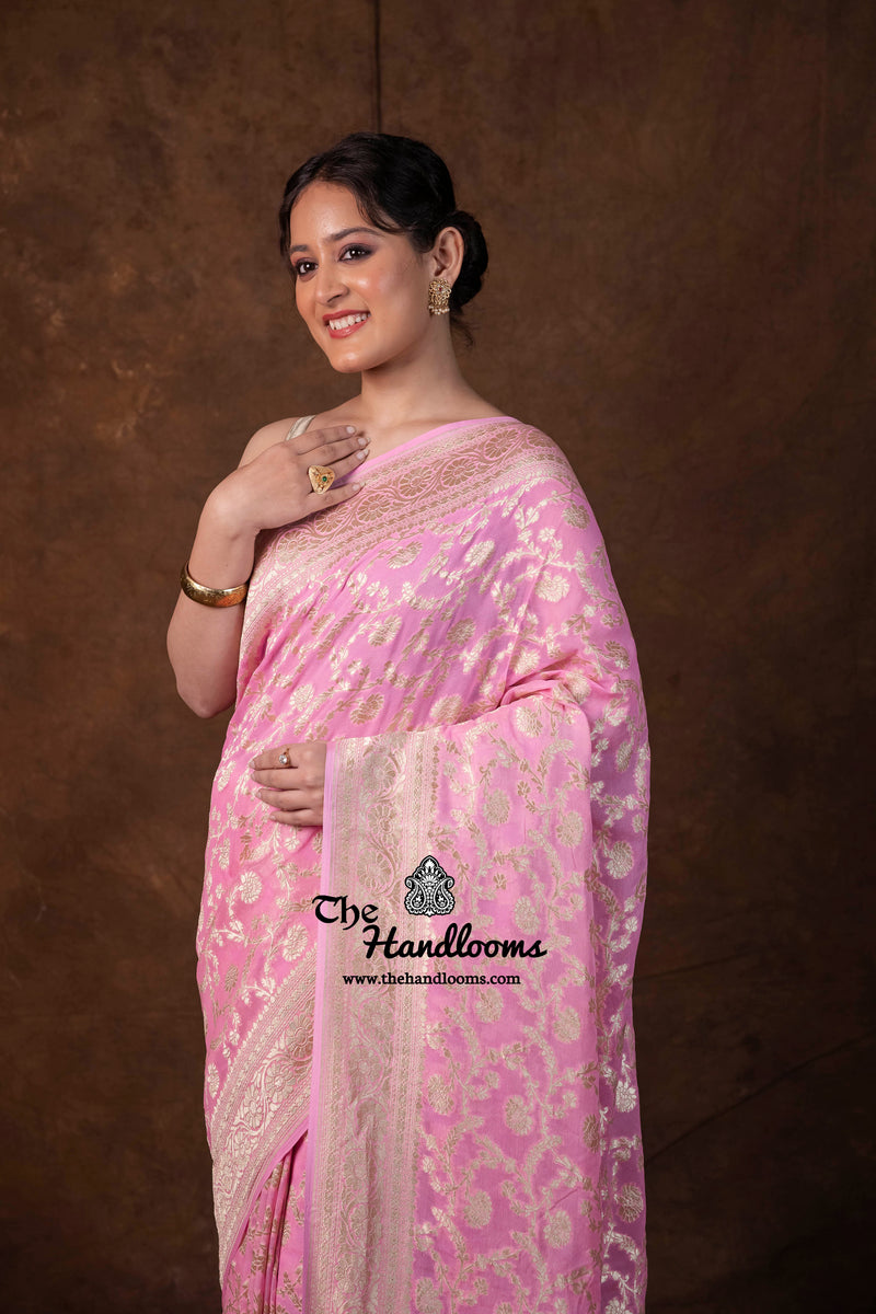 Pink Khaddi Georgette Handloom Banarasi Saree - Water Zari