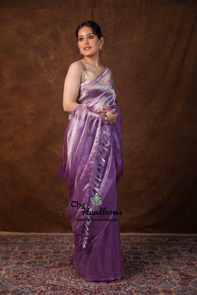 Lilac Pure Kora Handloom Banarasi Saree - Plain