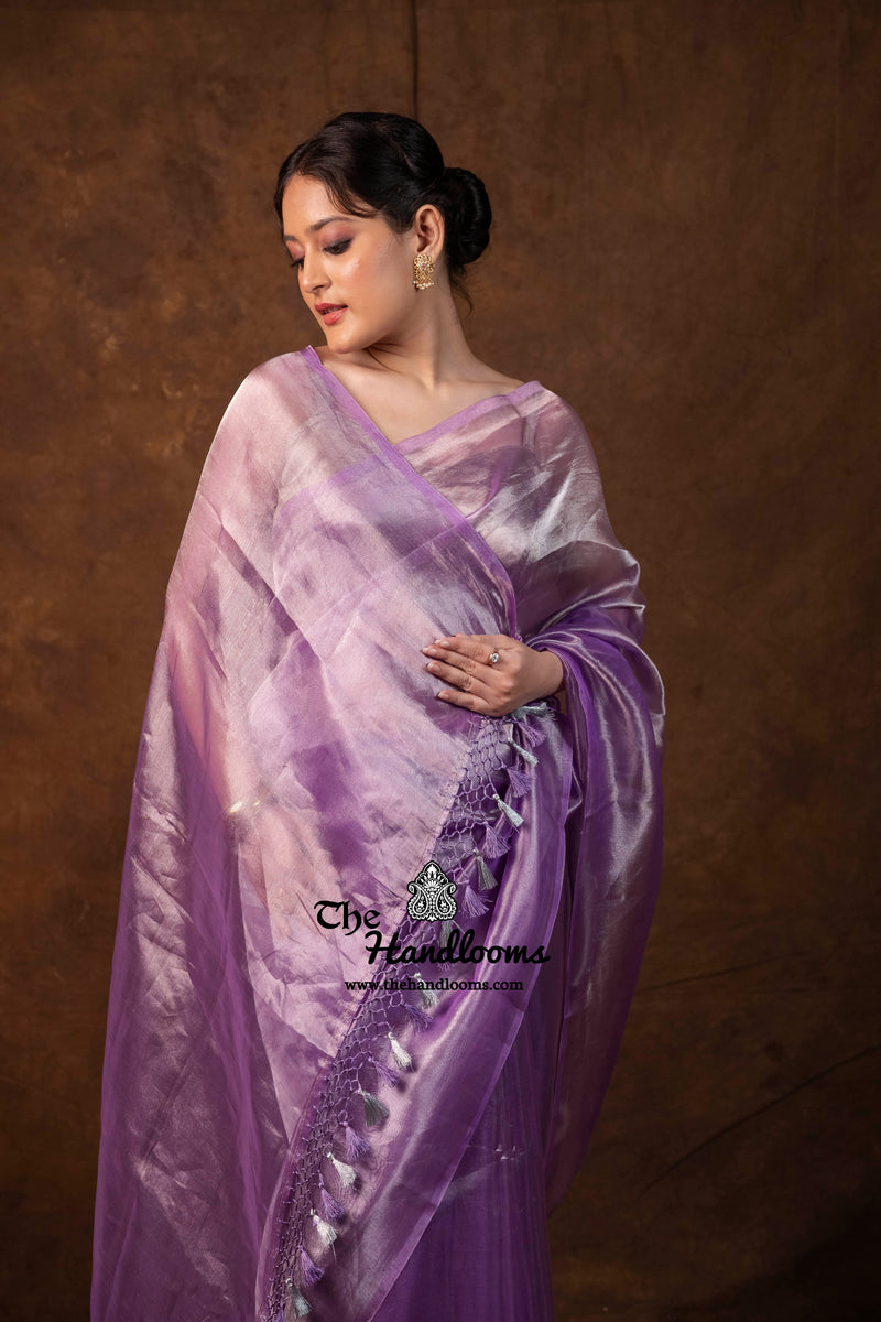 Lilac Pure Kora Handloom Banarasi Saree - Plain