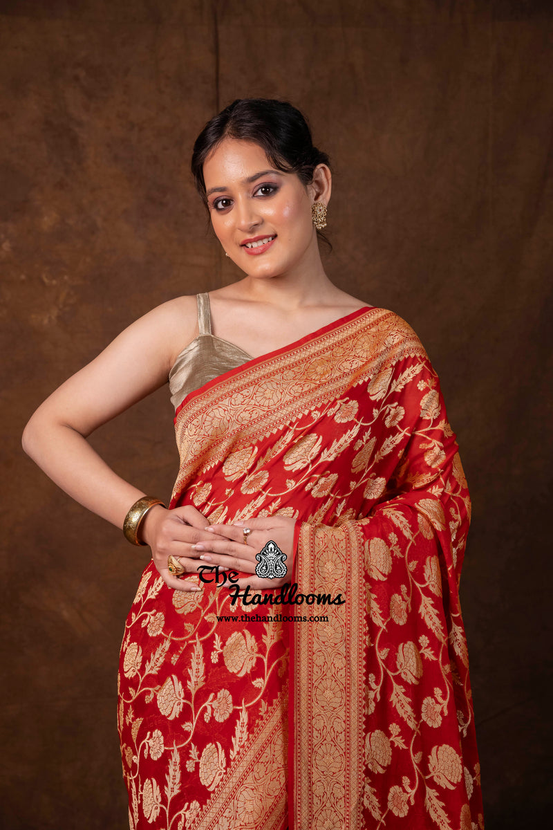 Khaddi Georgette Handloom Banarasi Saree - Gold Zari